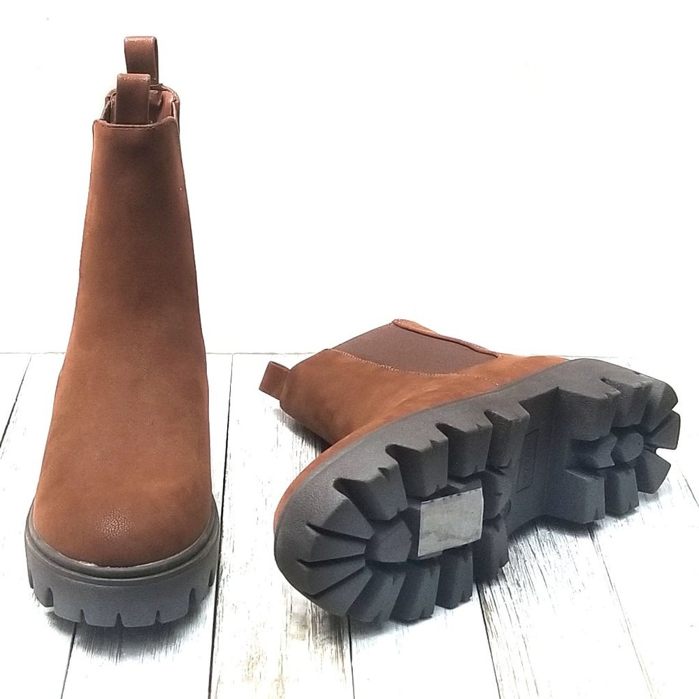 New Women Brown Chelsea Elastic Low Platform Combat Boots Ankle Booties - Picture 3 of 3
